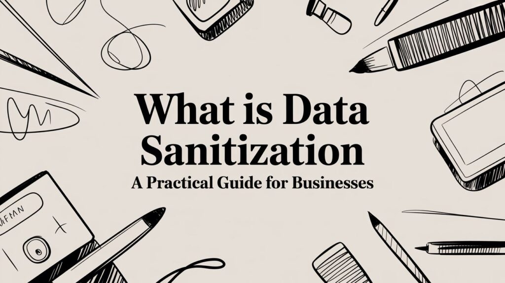 The image shows “What is Data Sanitization: A Practical Guide for Businesses” with office illustrations.