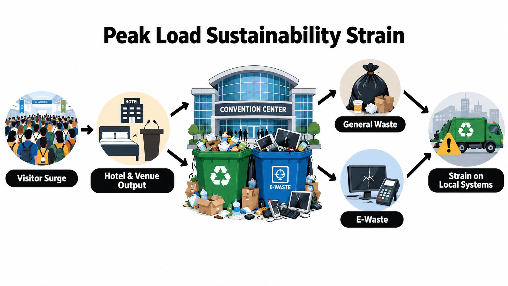 Infographic showing how visitor surges lead to convention waste and strain on local municipal systems.