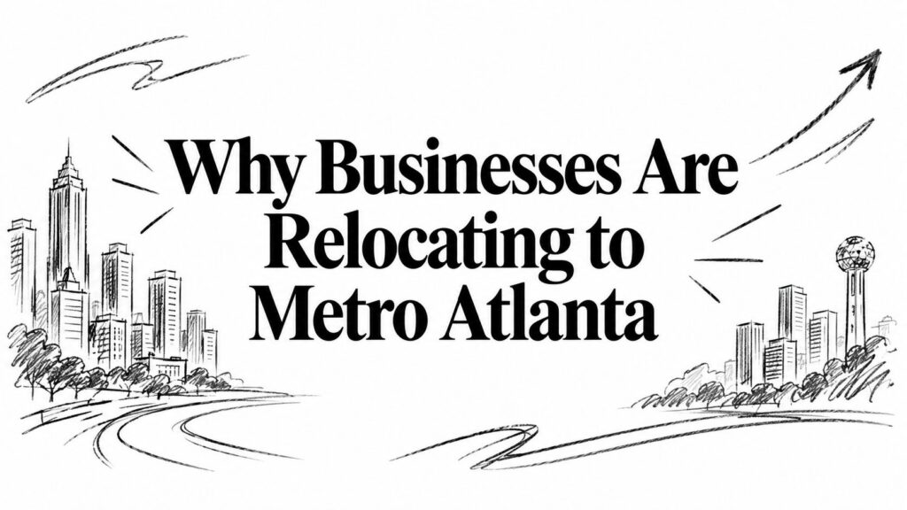 Image shows “Why Businesses Are Relocating to Metro Atlanta” with city skyline and arrow graphics.