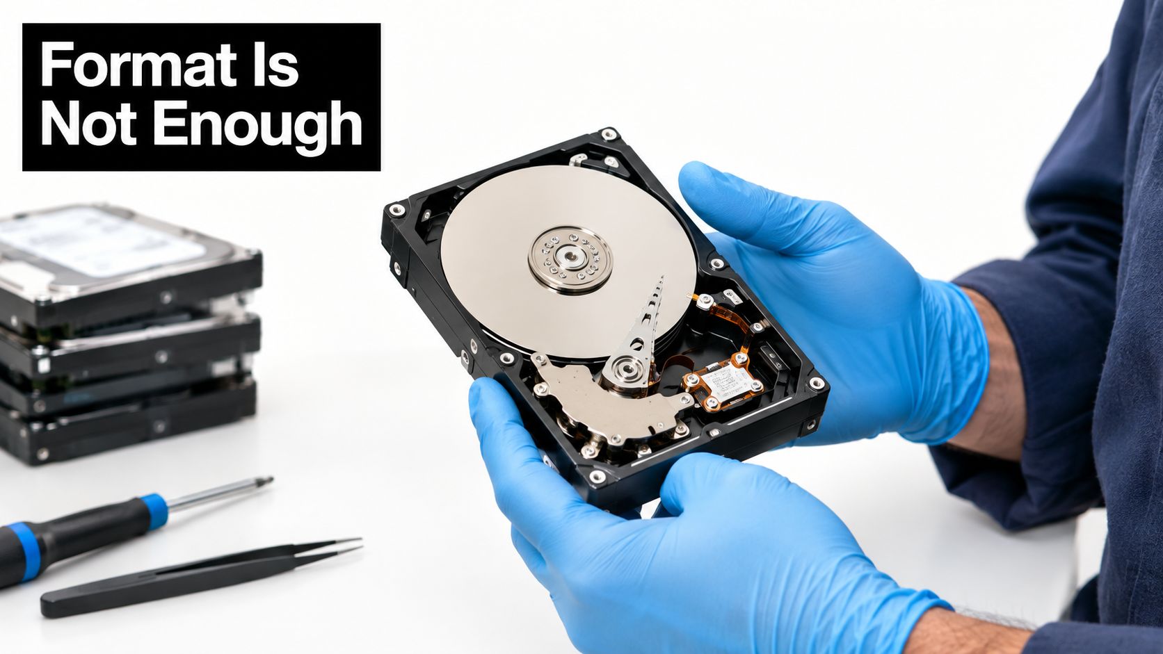 A technician wearing blue protective gloves holds an opened hard drive with tools in the background.