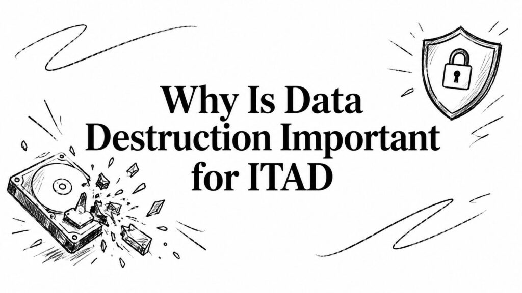 An image shows a broken hard drive and shield with lock, highlighting the importance of ITAD data destruction.