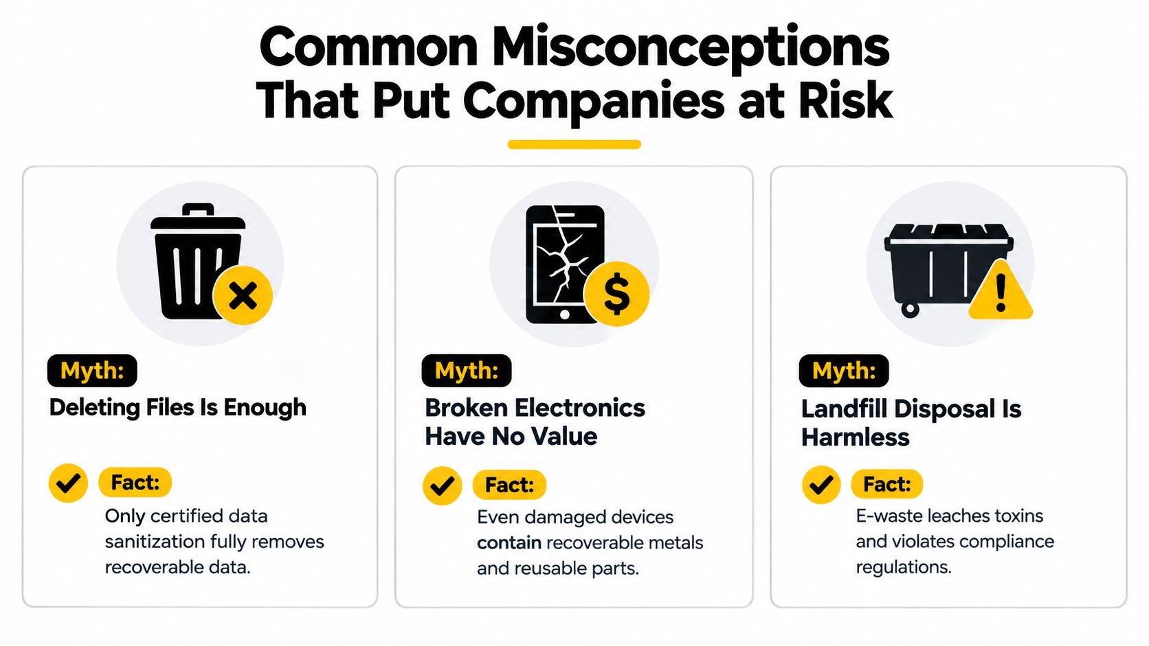 An infographic titled Common Misconceptions That Put Companies at Risk showing three myths about e-waste disposal and recycling.