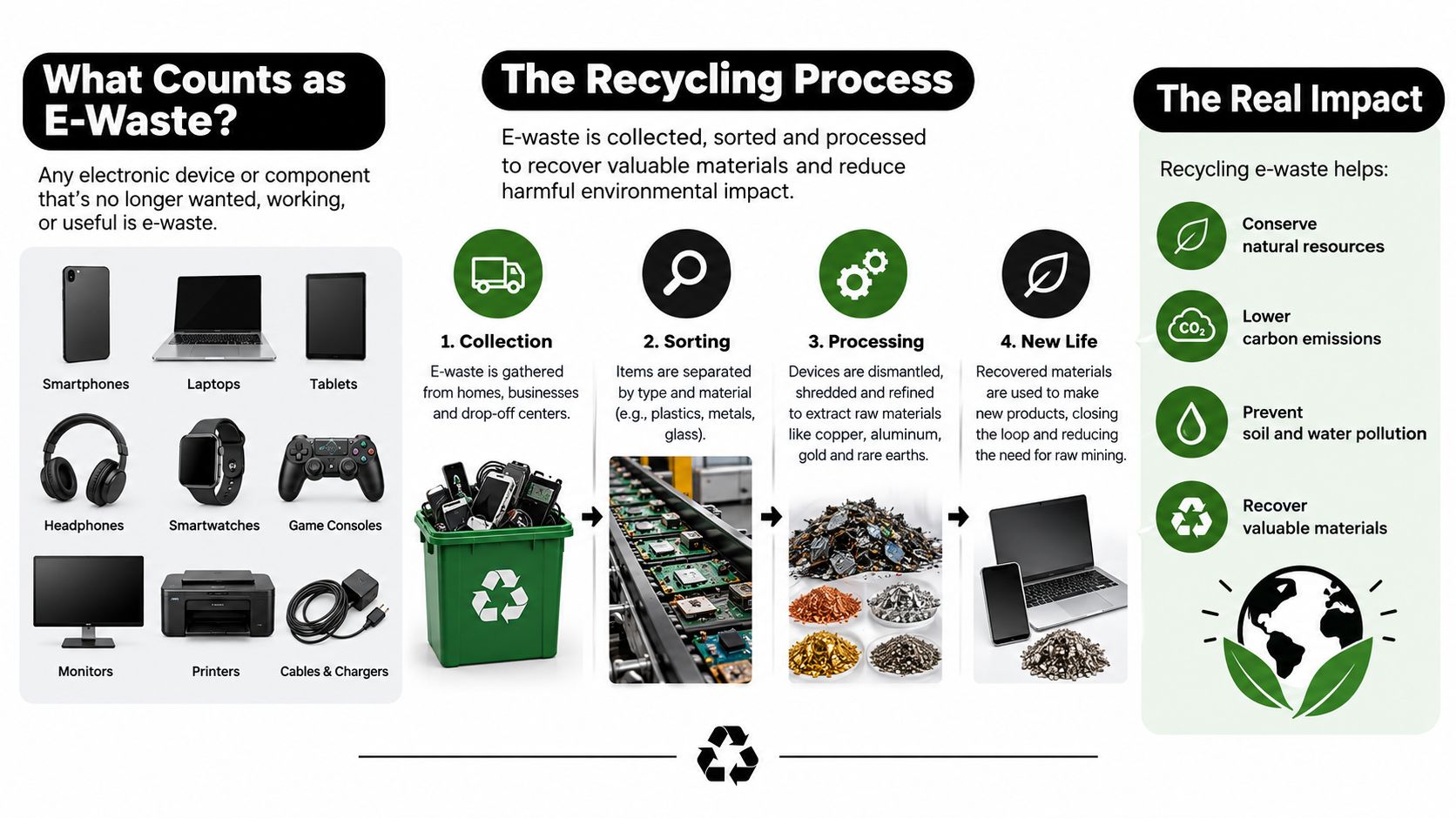 An infographic showing examples of e-waste, the four-step recycling process, and the environmental benefits of recycling electronics.