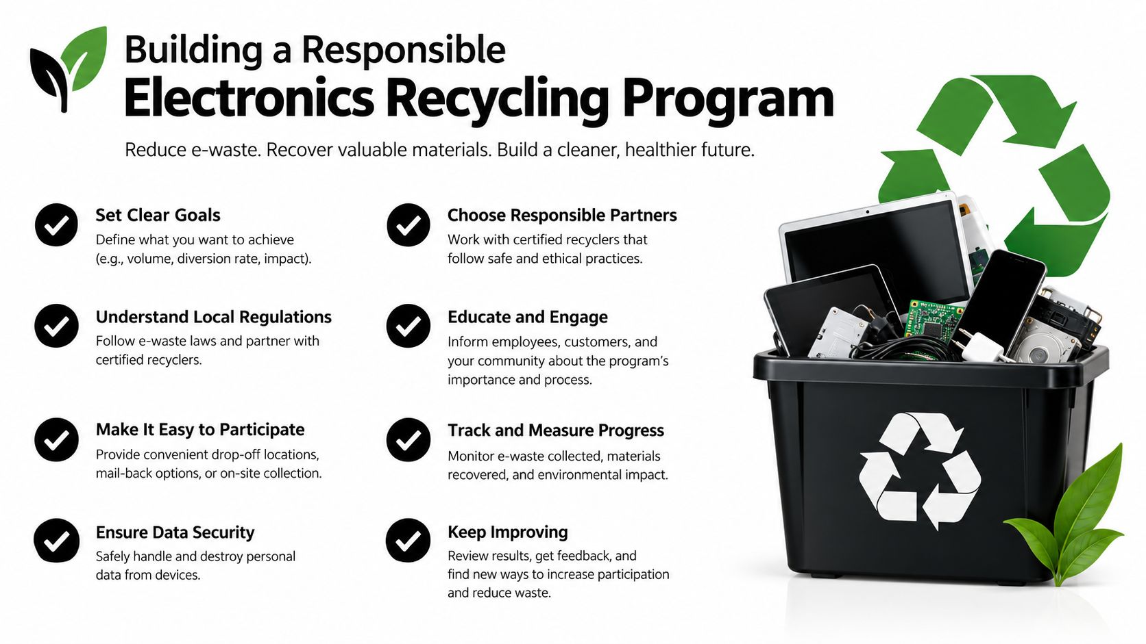 An infographic outlining eight essential steps for building a responsible and effective corporate electronics recycling program.