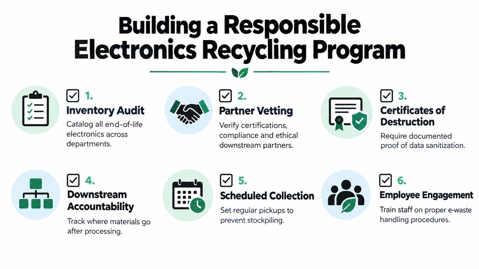 An infographic titled Building a Responsible Electronics Recycling Program outlining six key steps for ethical e-waste management.