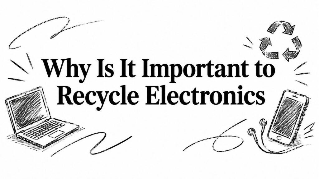 Why is it important to recycle electronics shows a laptop, phone, and recycling symbol illustrations.