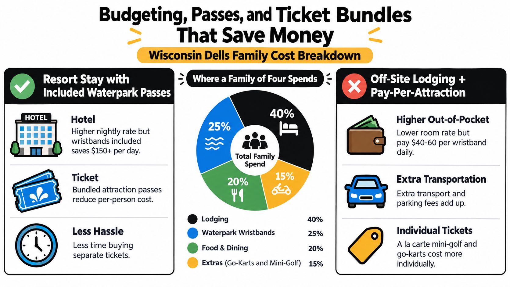 A cost breakdown infographic comparing resort stays with waterpark passes versus off-site lodging for family vacations.