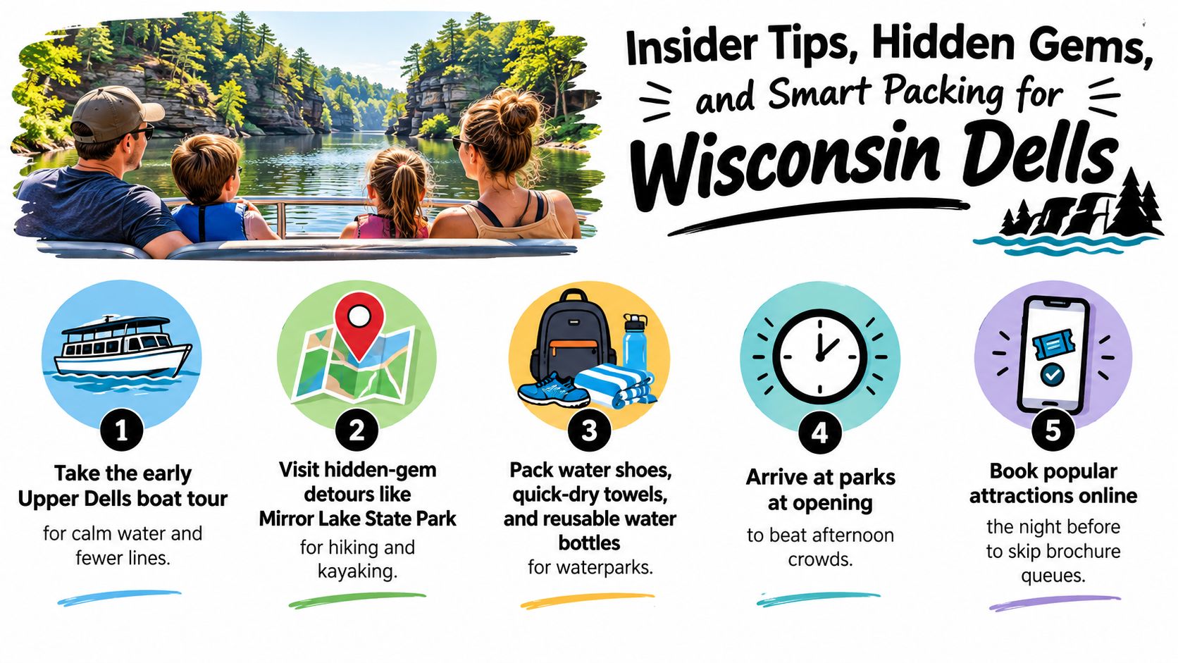 A family of four on a boat tour in Wisconsin Dells with five tips for visitors.