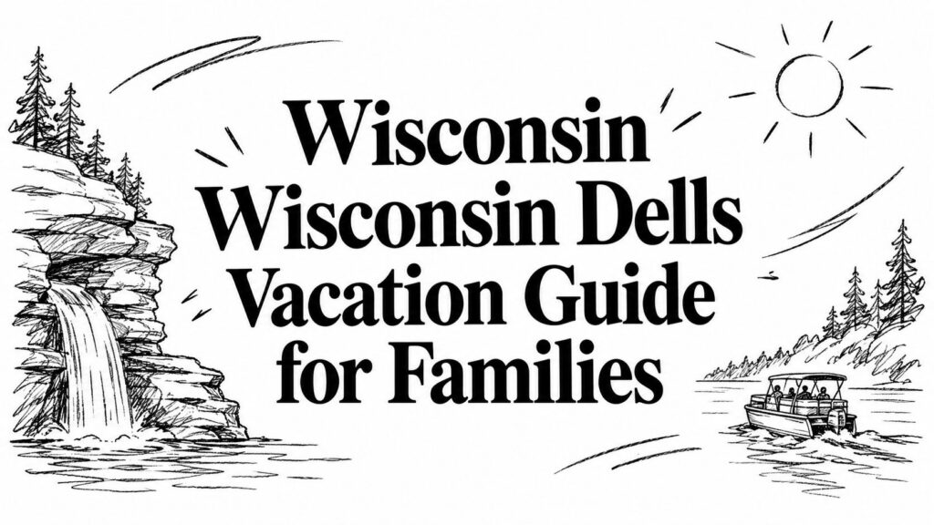 A guide cover says “Wisconsin Dells Vacation Guide for Families” with waterfall and boat sketches.