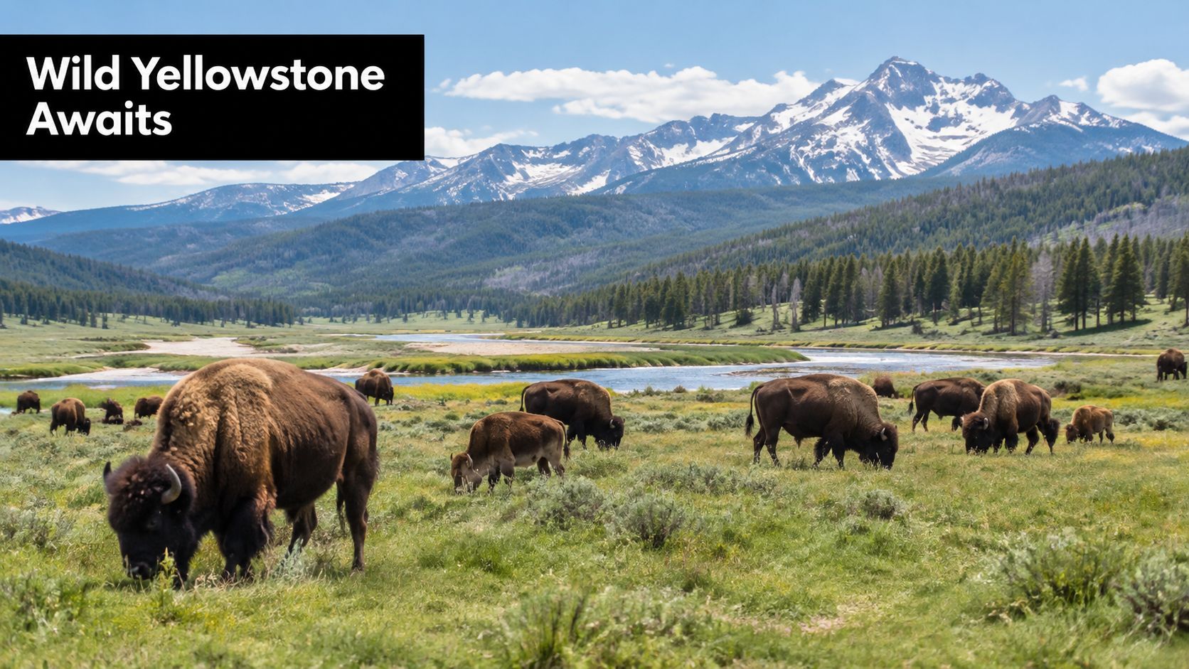 A herd of American bison grazing in a lush green valley with snow-capped mountains in Yellowstone.