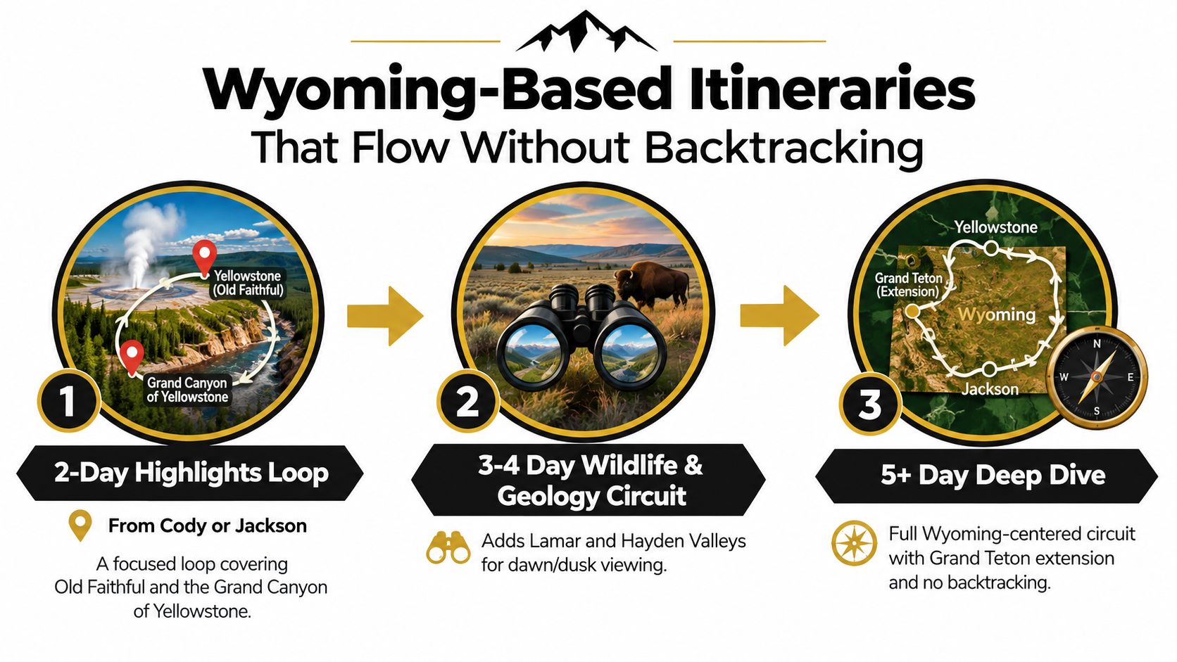 An infographic detailing three different Wyoming travel itineraries with varying lengths and highlights for Yellowstone National Park.