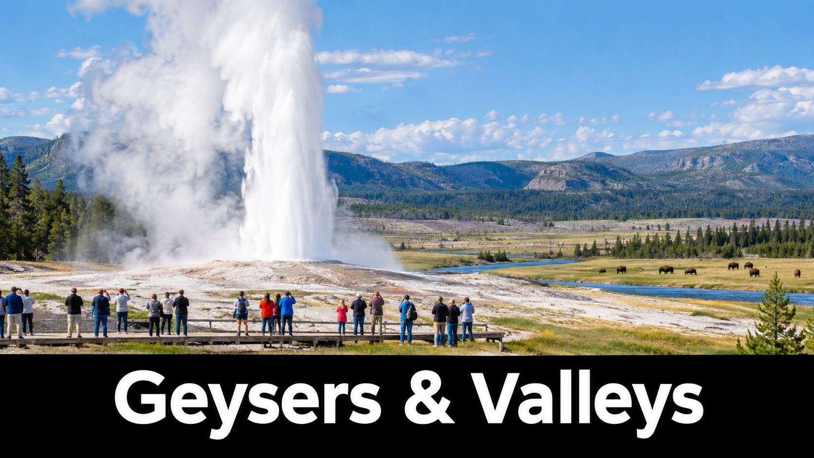 A group of tourists on a wooden boardwalk watching the iconic Old Faithful geyser erupting in Yellowstone.