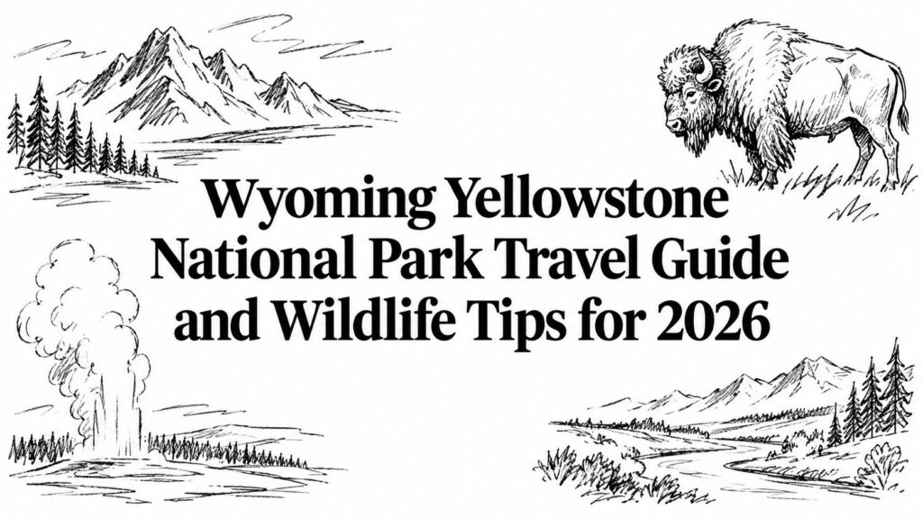 Black-and-white sketches show Yellowstone scenery, a bison, and a geyser next to 2026 travel guide text.