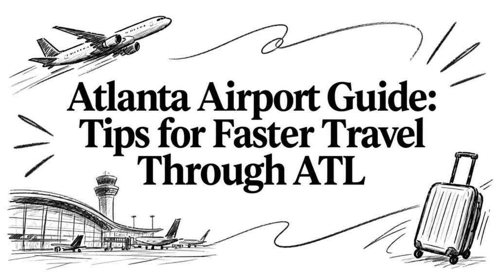 A sketch titled Atlanta Airport Guide featuring a plane, airport terminal, and rolling luggage.