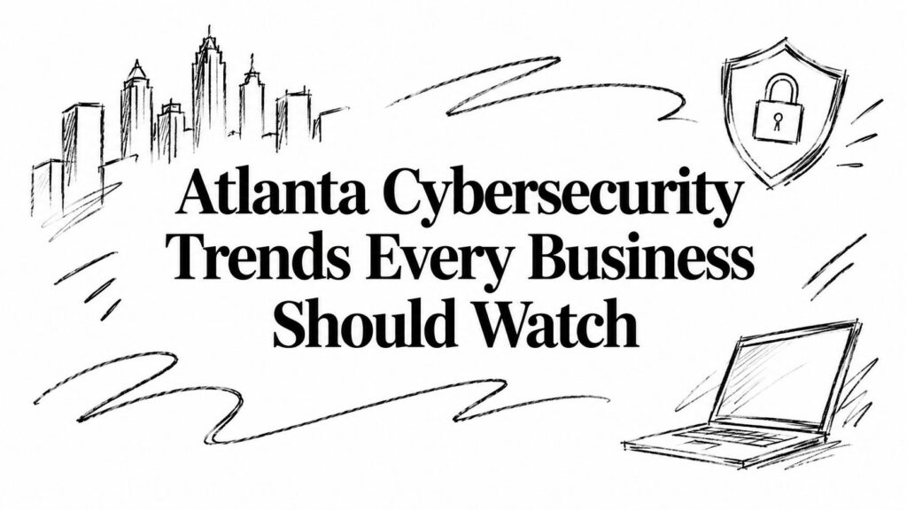 A sketched Atlanta skyline with a cybersecurity shield and laptop highlights top cyber trends for businesses.