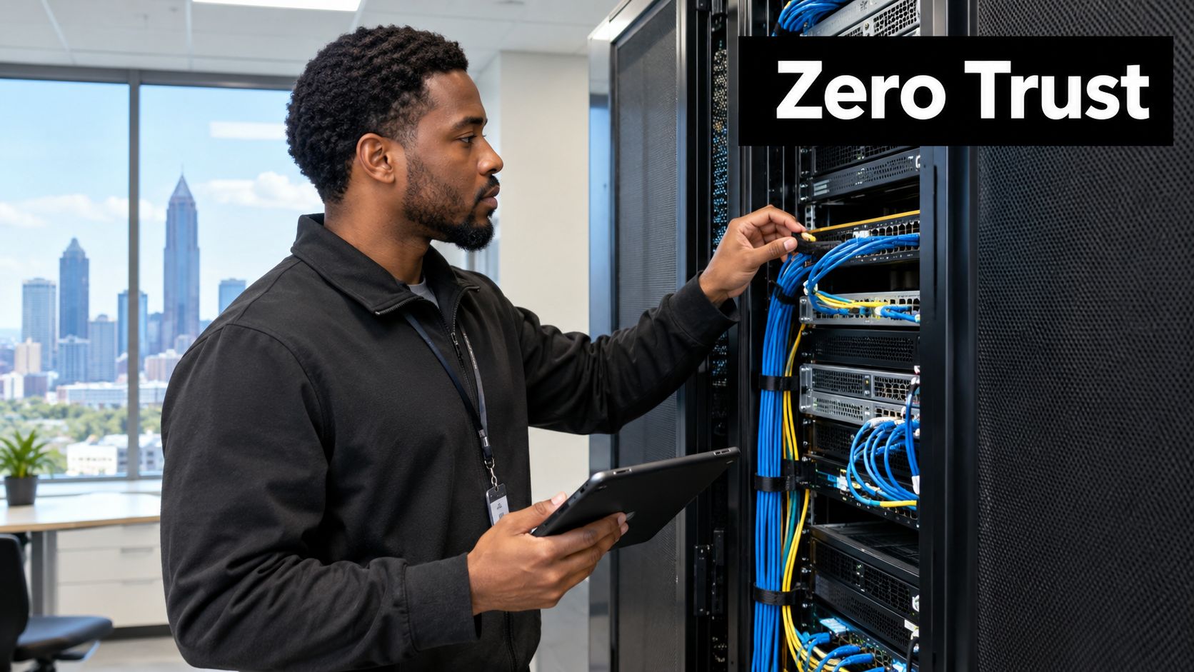 An IT technician manages server connections in an Atlanta data center with the city skyline visible.