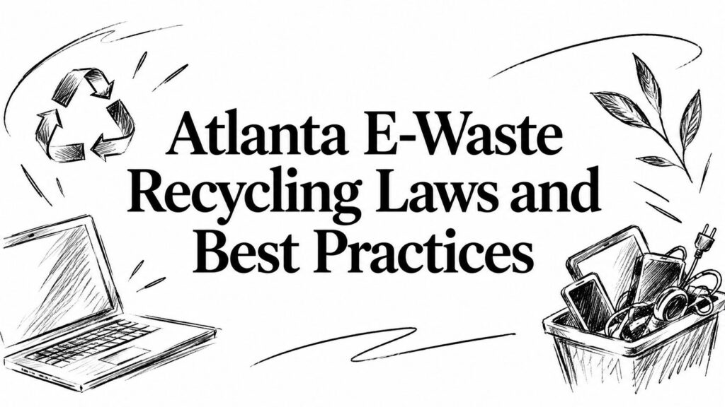 Sketches of electronic devices surround text on Atlanta E-Waste Recycling Laws and Best Practices.