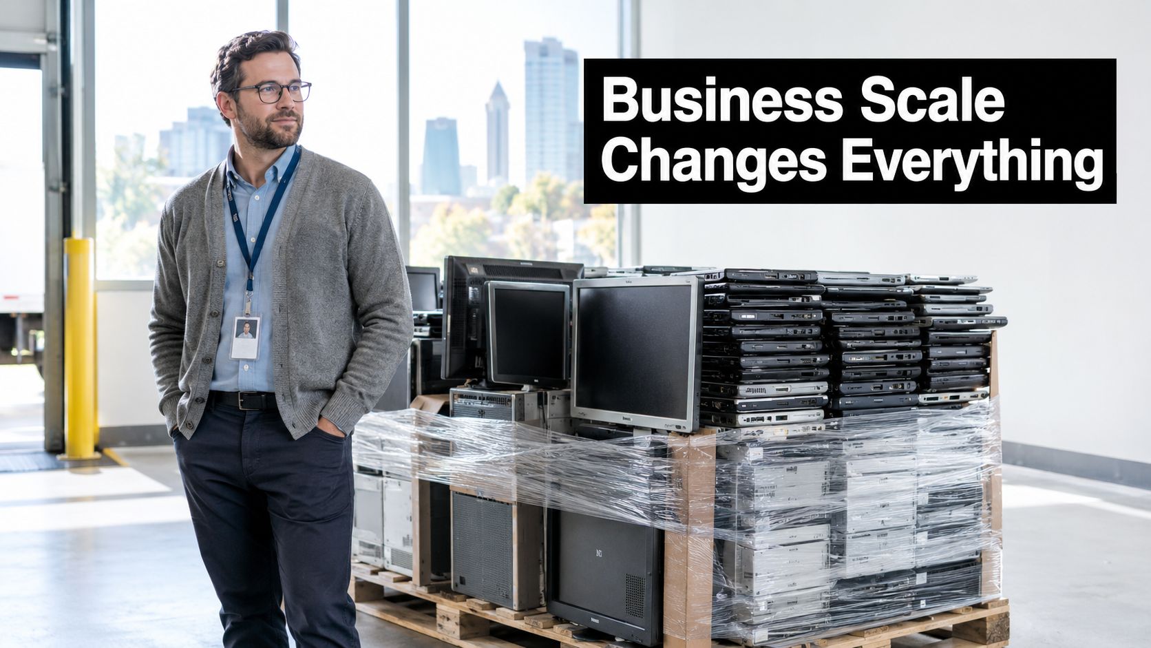A professional man standing next to a large pallet of recycled electronic waste in an office setting.