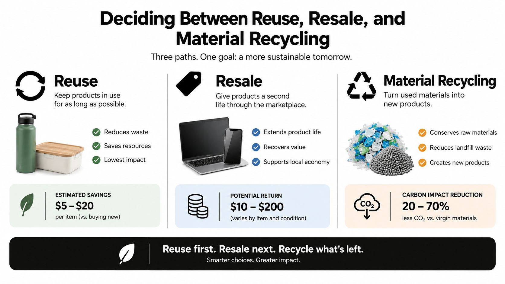 An infographic comparing reuse, resale, and material recycling as sustainable options for managing consumer goods.