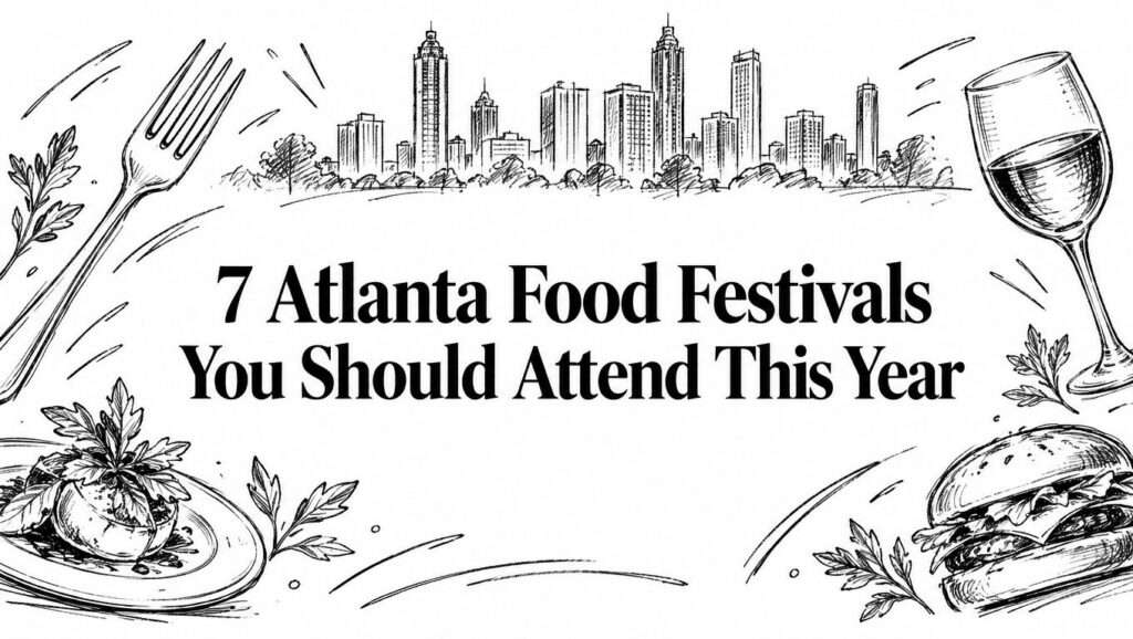 An illustration of Atlanta city and food highlights 7 Atlanta Food Festivals You Should Attend.