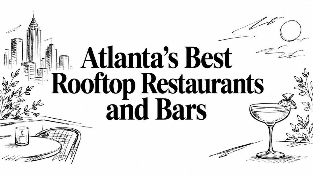 Sketches of a city and cocktail frame the text “Atlanta’s Best Rooftop Restaurants and Bars.”