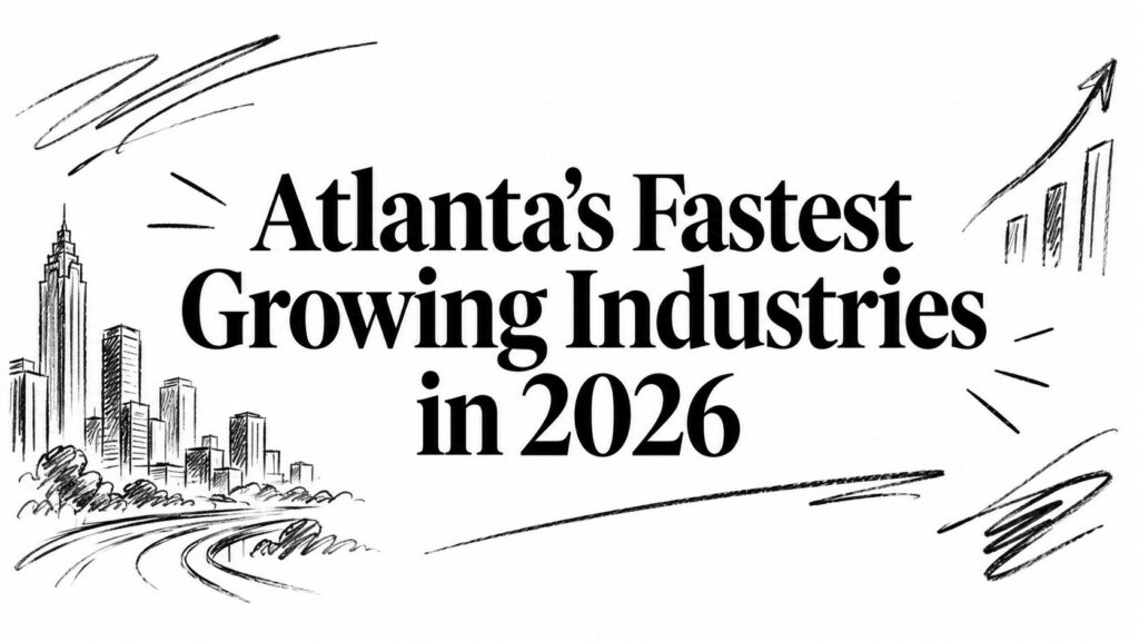 Black text says “Atlanta’s Fastest Growing Industries in 2026” above cityscape and rising graph sketches.