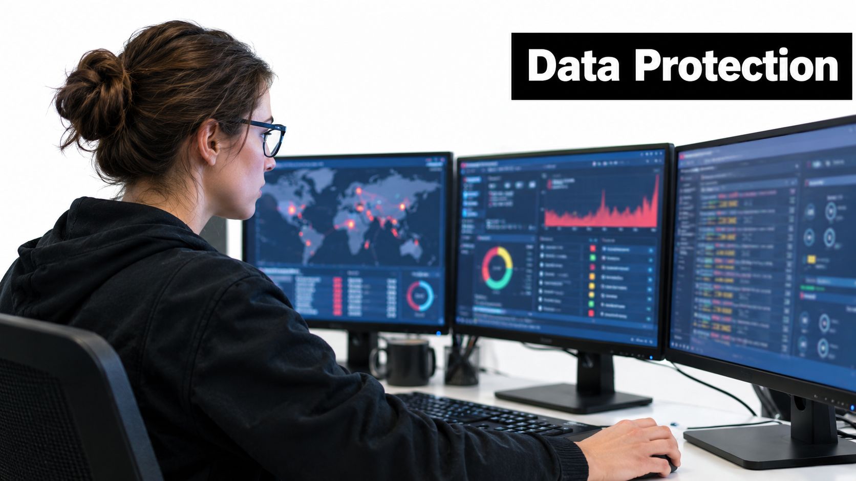 A woman working at a computer station with three monitors displaying data analytics and cybersecurity information.