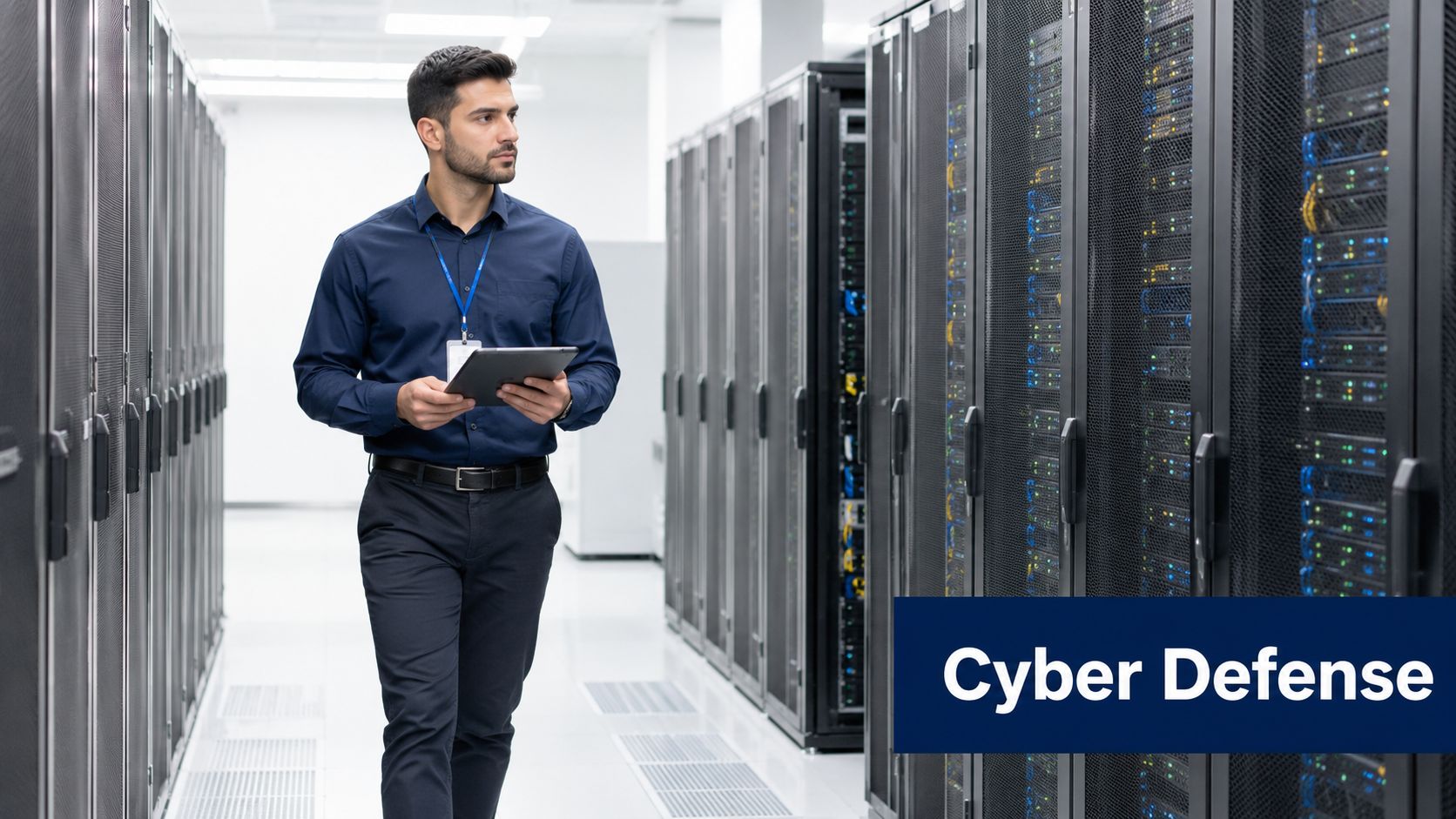 A professional IT technician in a blue shirt walking through a modern server room while holding a tablet.