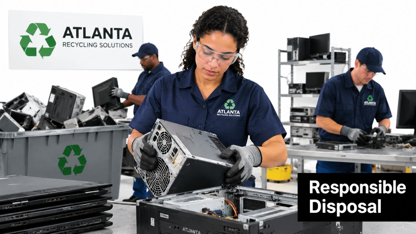 Workers in uniforms processing and recycling old computer hardware in a professional Atlanta recycling facility.
