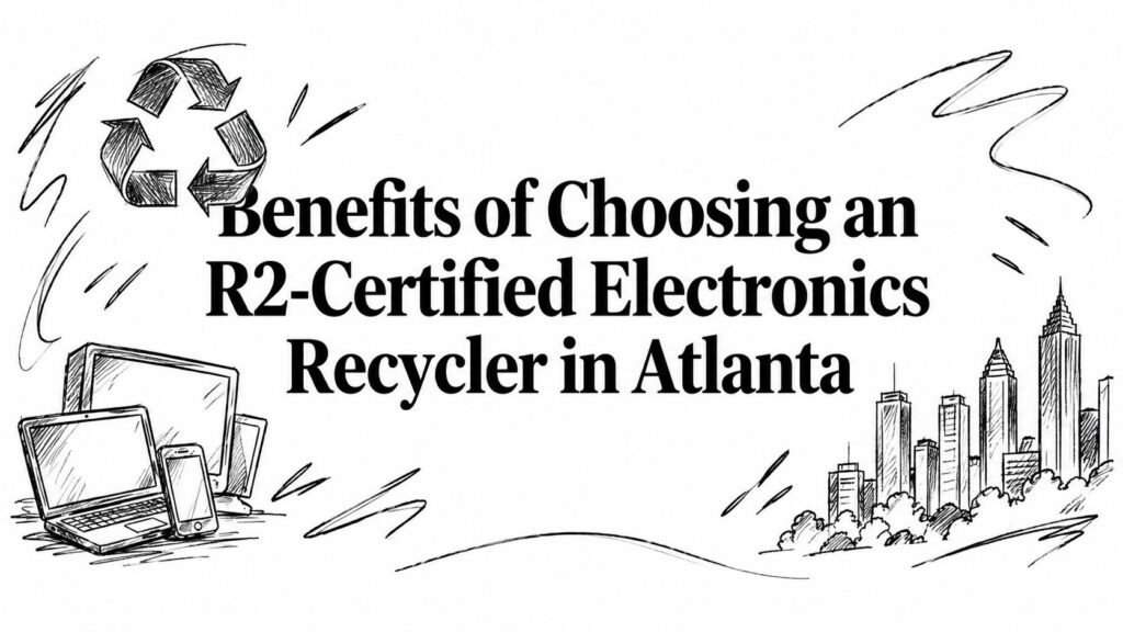 An infographic with sketched icons detailing the benefits of an R2-certified recycler in Atlanta.