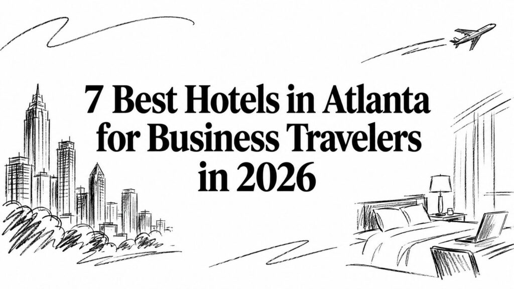 A city skyline and hotel room background for an article on 7 Best Hotels in Atlanta in 2026.