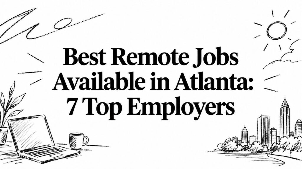 Laptop and coffee on a desk, with sun and Atlanta skyline sketches, reflect remote job opportunities.