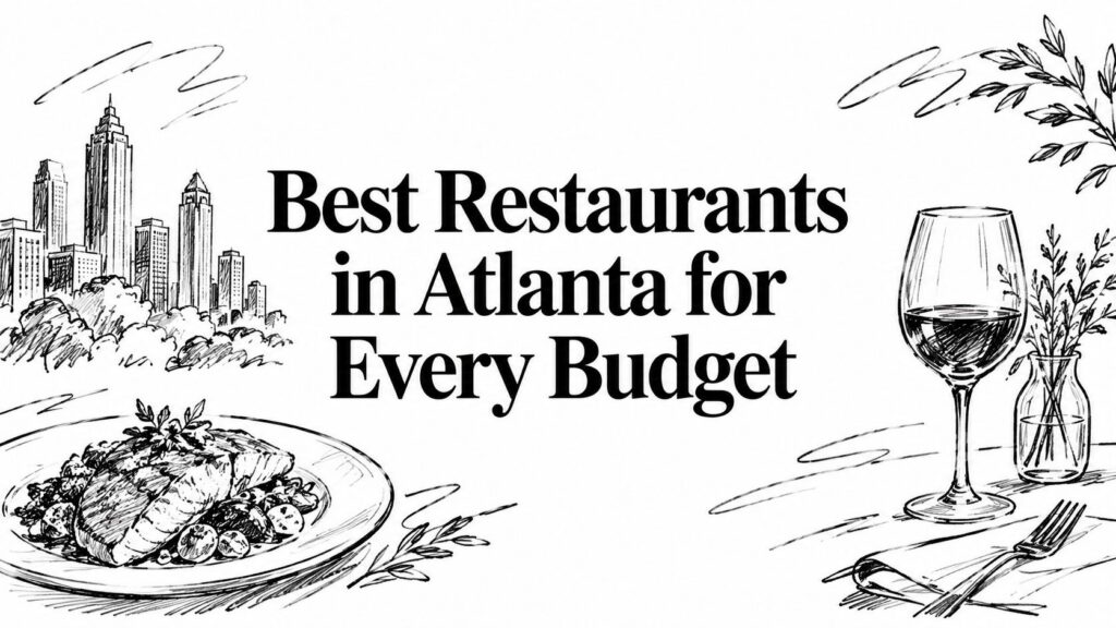 Sketches of city buildings frame the text Best Restaurants in Atlanta for Every Budget.
