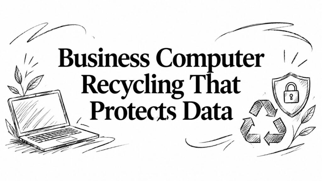 A sketch shows a laptop, recycle symbol, and locked shield with the text Business Computer Recycling.
