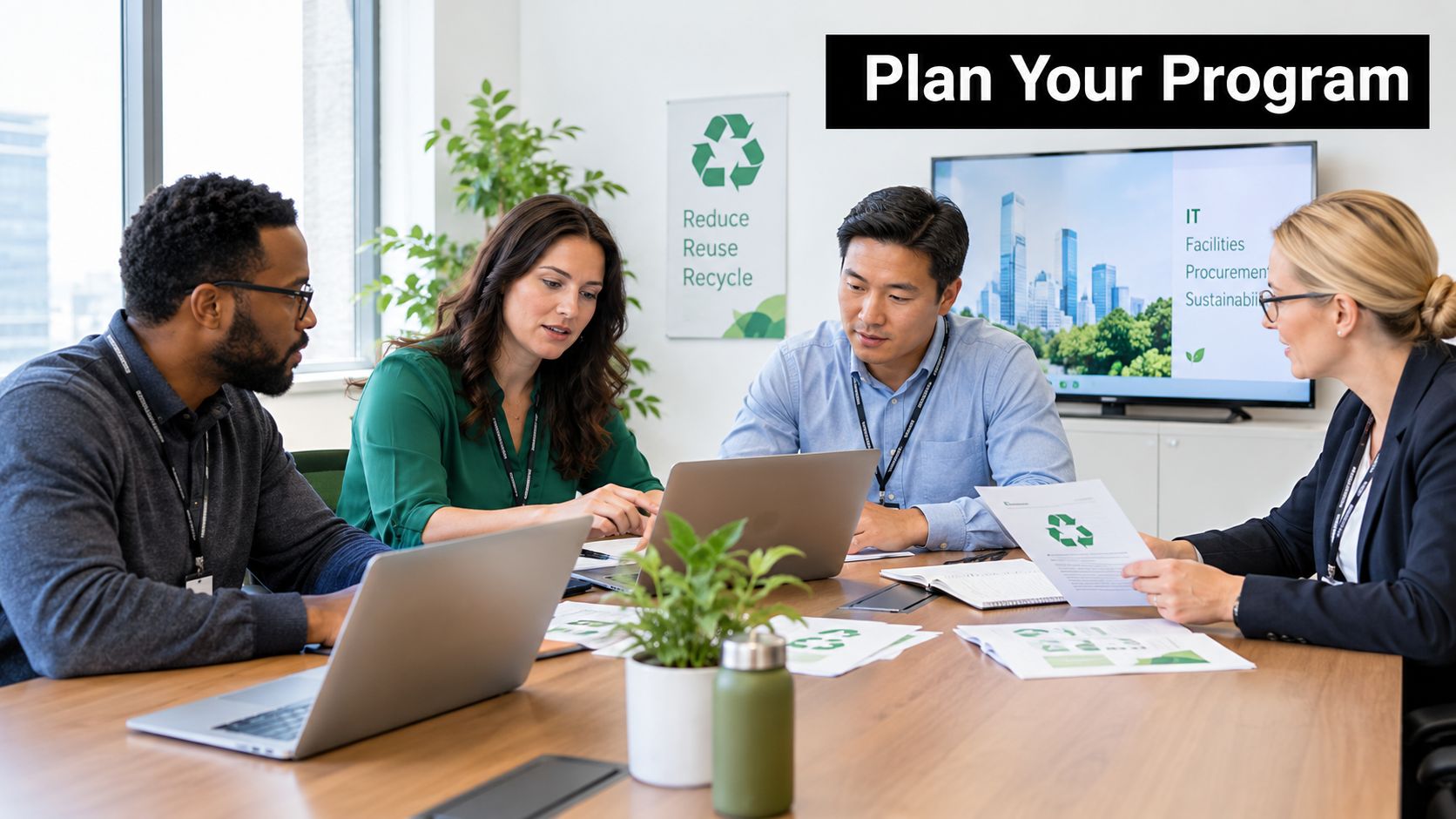 A diverse team of professionals collaborate on sustainability initiatives during a business meeting in an office.