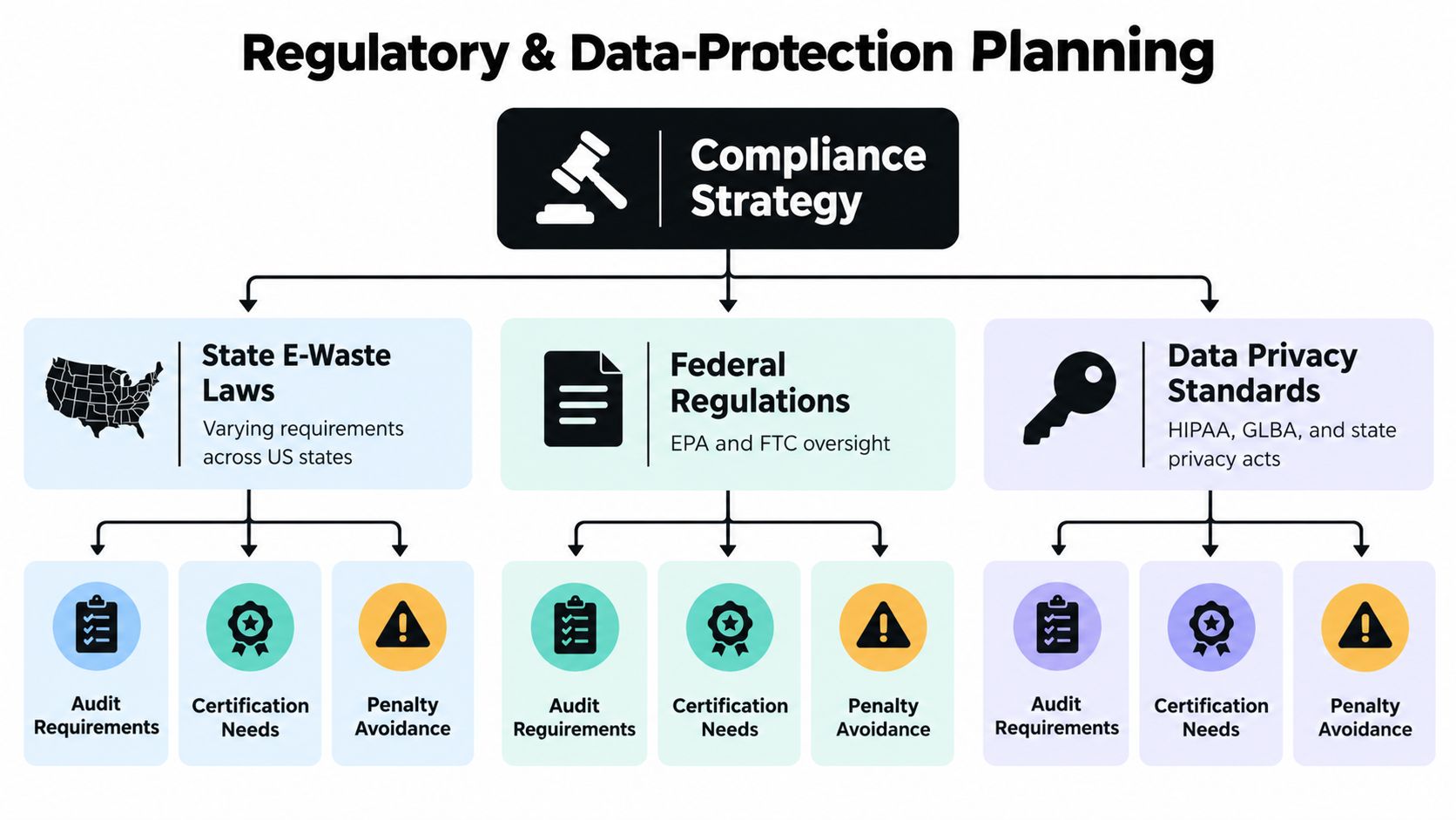 An organizational flow chart detailing compliance strategies for business electronics recycling, including state, federal, and data privacy regulations.