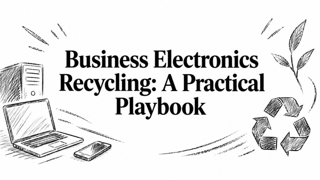 A title graphic for Business Electronics Recycling: A Practical Playbook features a laptop and icons.