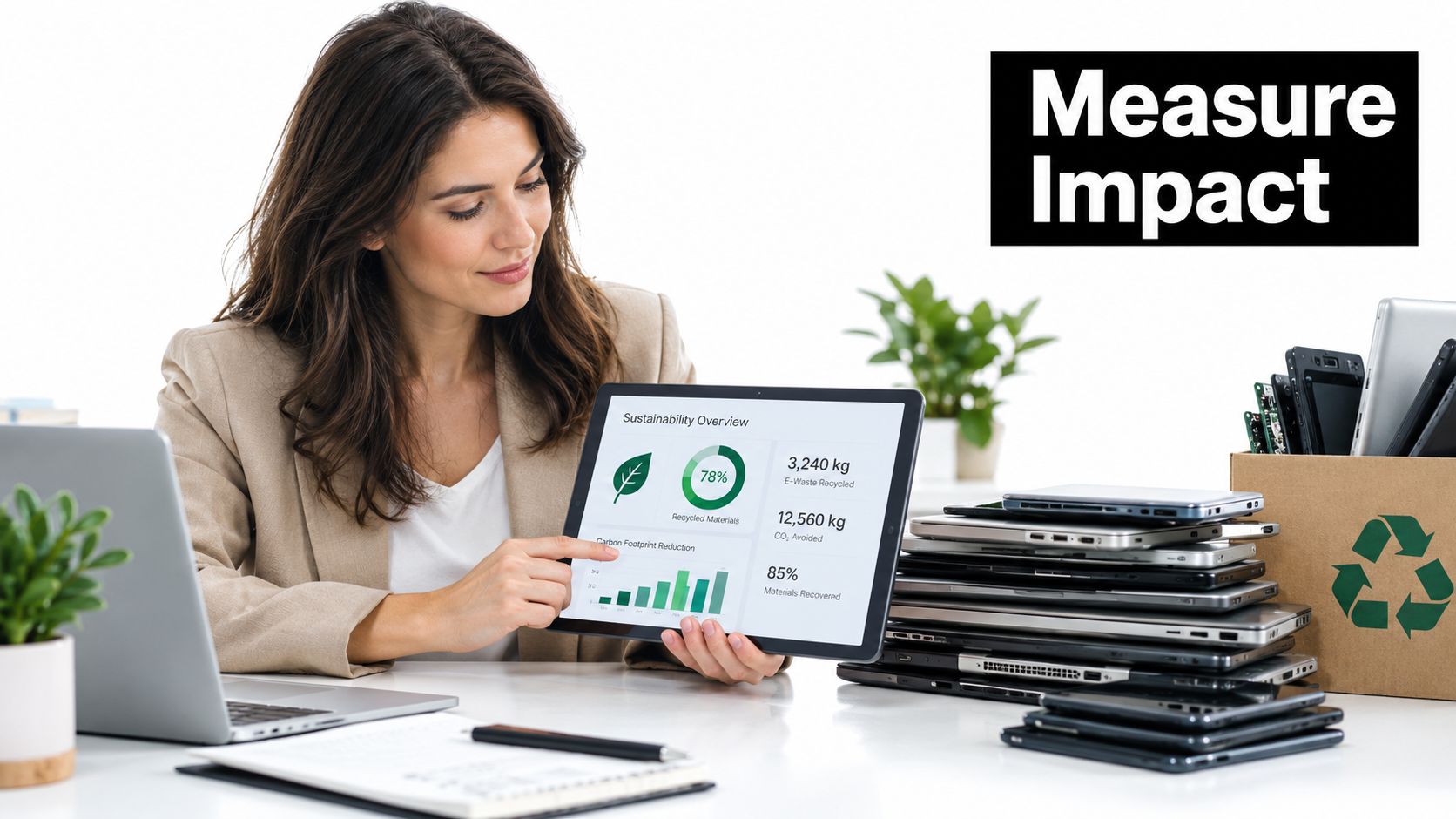 A professional woman showcasing sustainability data on a tablet next to a pile of recycled electronic devices.