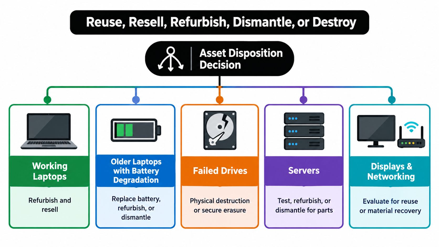 An asset disposition flowchart outlining recycling options for laptops, failed drives, servers, and various networking equipment.