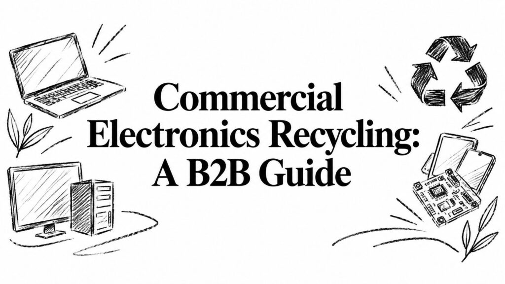 A guide titled Commercial Electronics Recycling: A B2B Guide surrounded by hand-drawn tech icons.