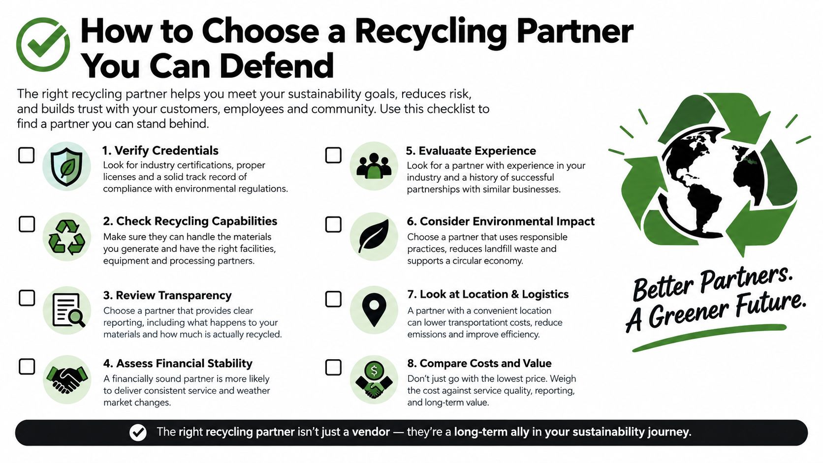 An infographic checklist with eight steps on how to choose a reliable and sustainable commercial recycling partner.