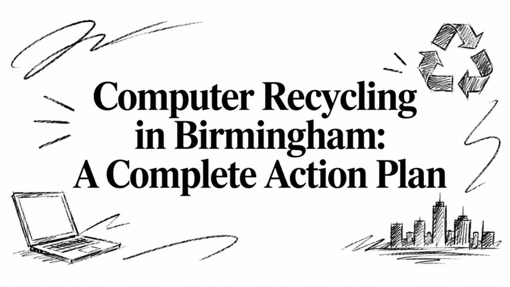 The image shows “Computer Recycling in Birmingham: A Complete Action Plan” with laptop and recycle icon.