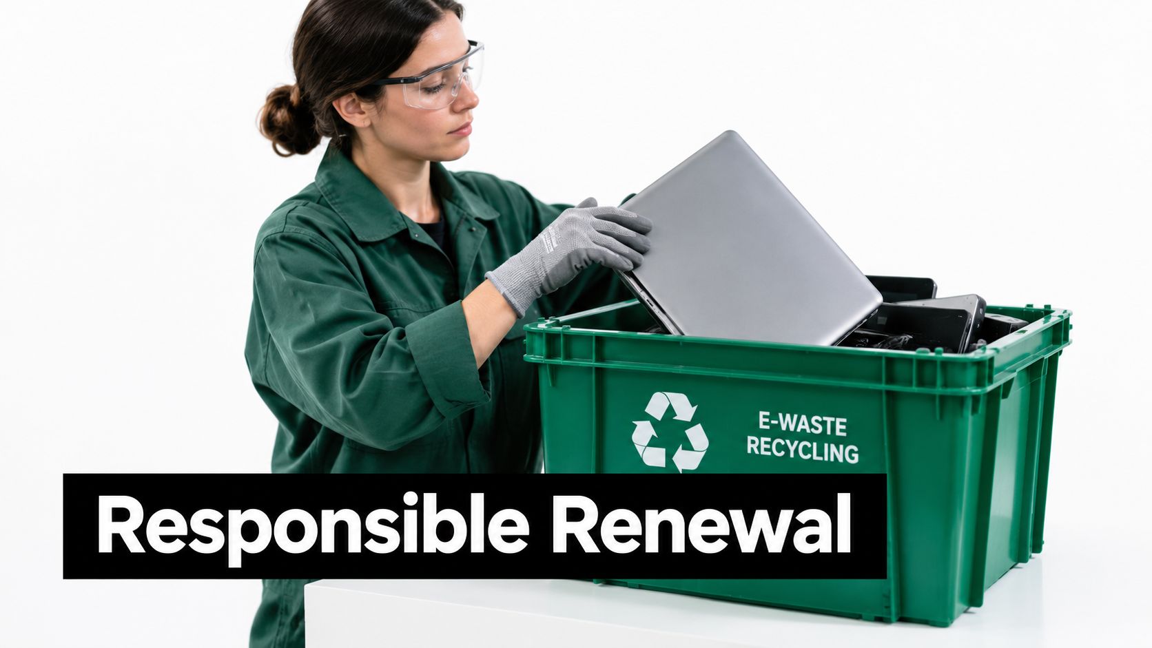 A professional recycling worker wearing safety gear placing a used laptop into a green e-waste bin.