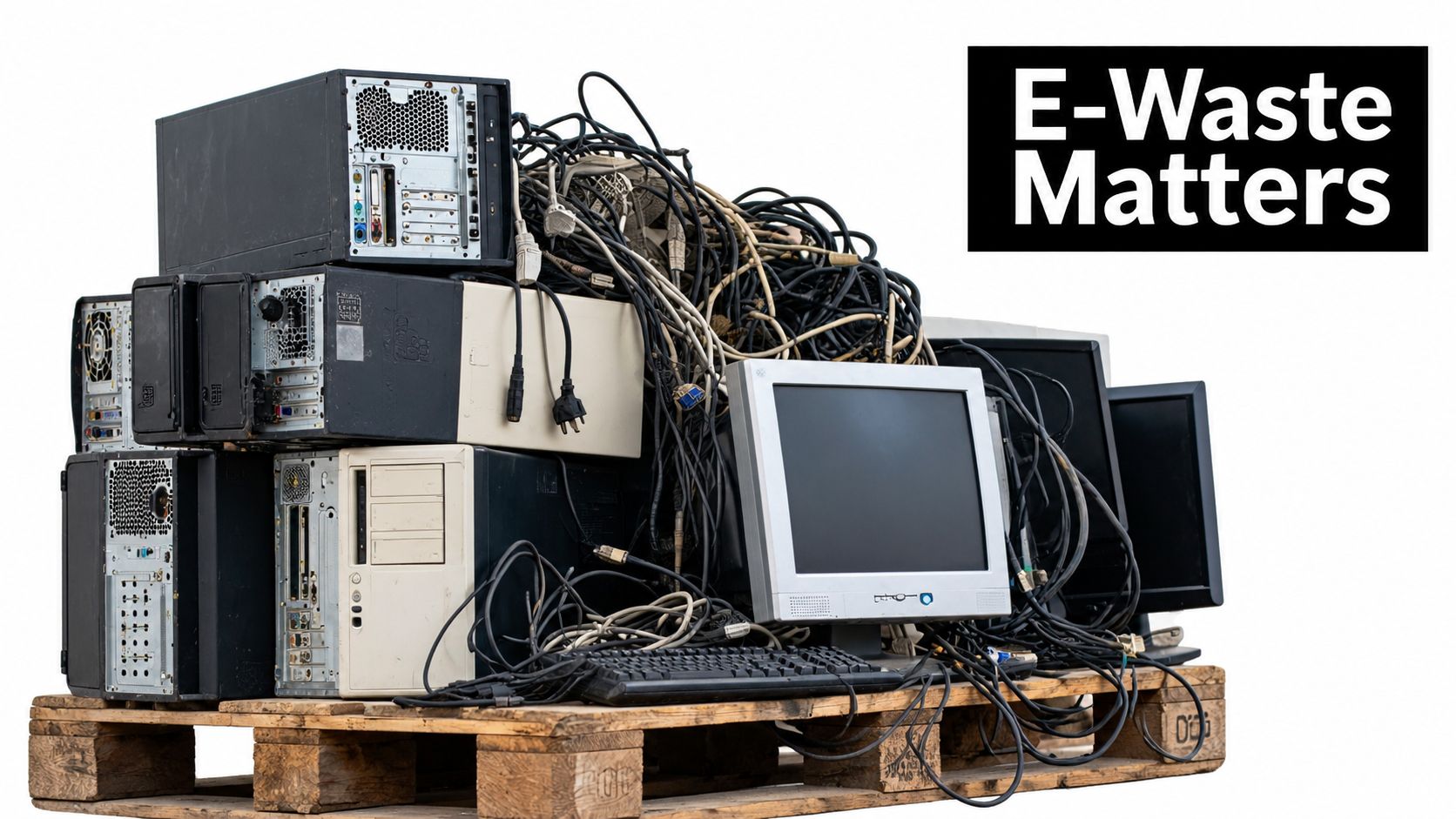 A stack of old desktop computers, monitors, and tangled cables on a wooden shipping pallet.