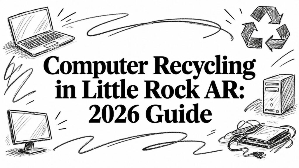 Sketches of electronics frame the text: Computer Recycling in Little Rock AR: 2026 Guide.