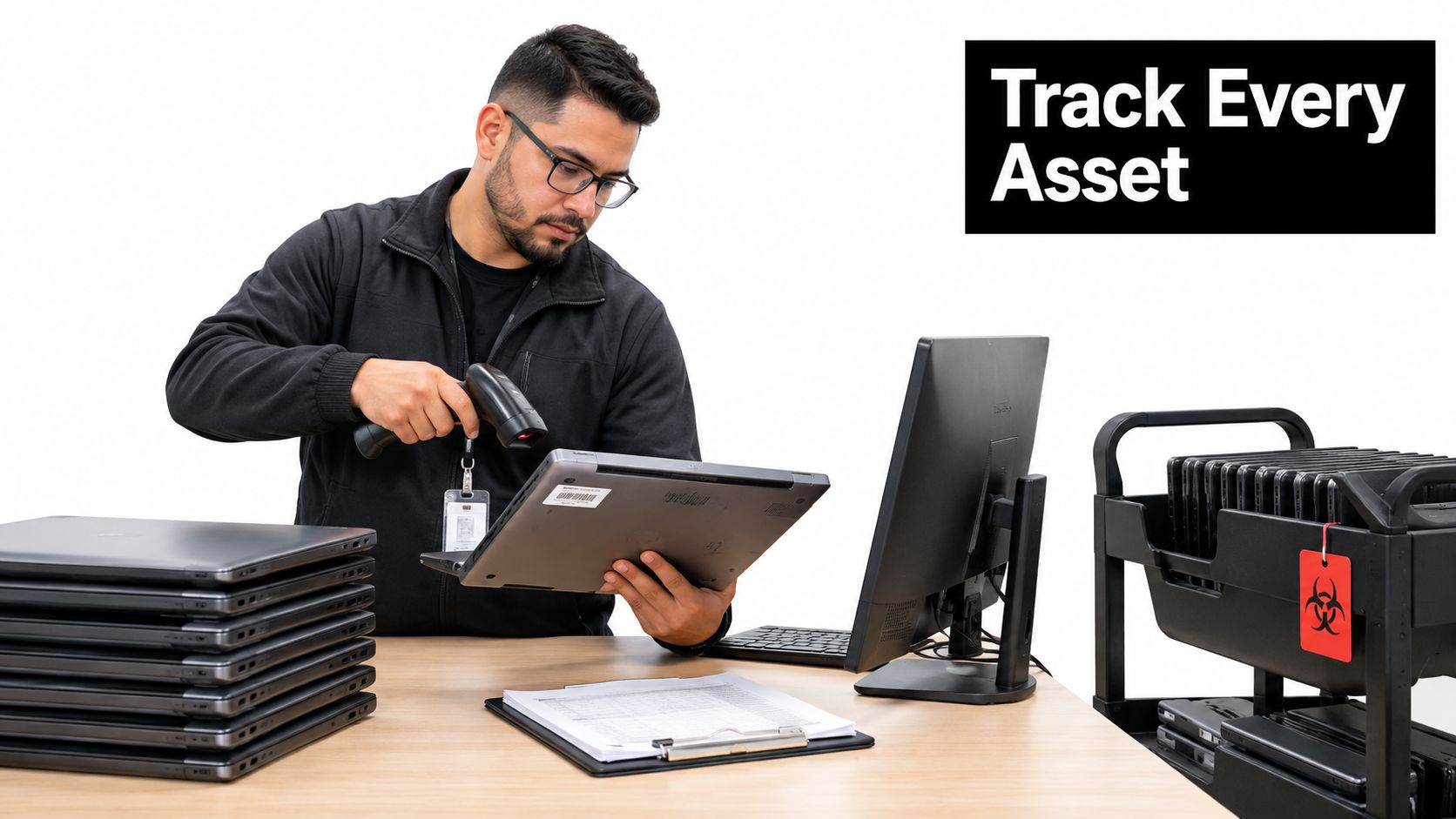 A technician scanning barcodes on laptops for computer recycling and asset management in an office.