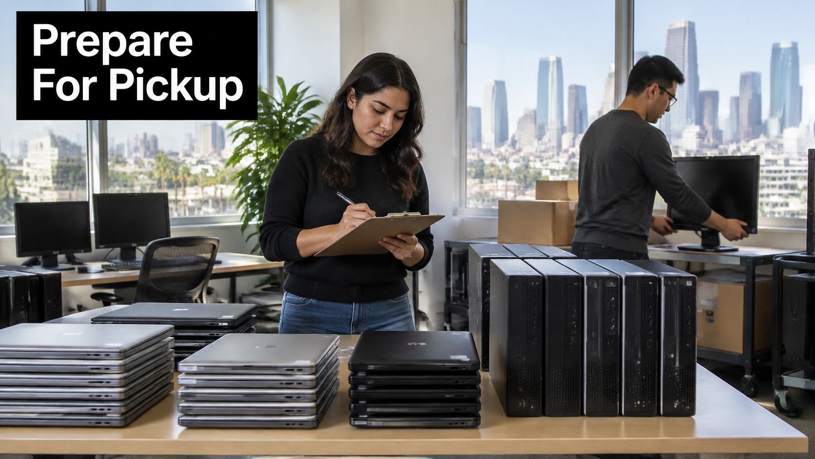 A woman checking inventory of laptops and desktops in an office while a colleague prepares more equipment.