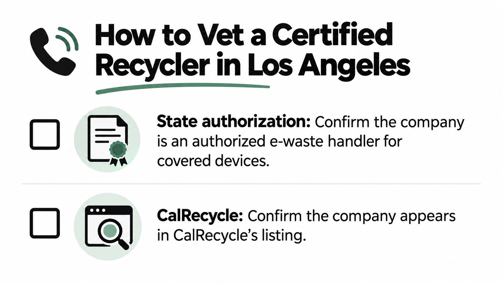 A checklist infographic titled How to Vet a Certified Recycler in Los Angeles for e-waste disposal.