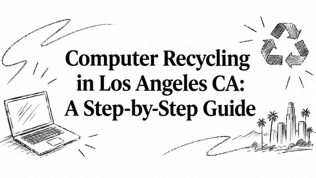 Laptop and city icons accompany text about a step-by-step guide to computer recycling in Los Angeles.