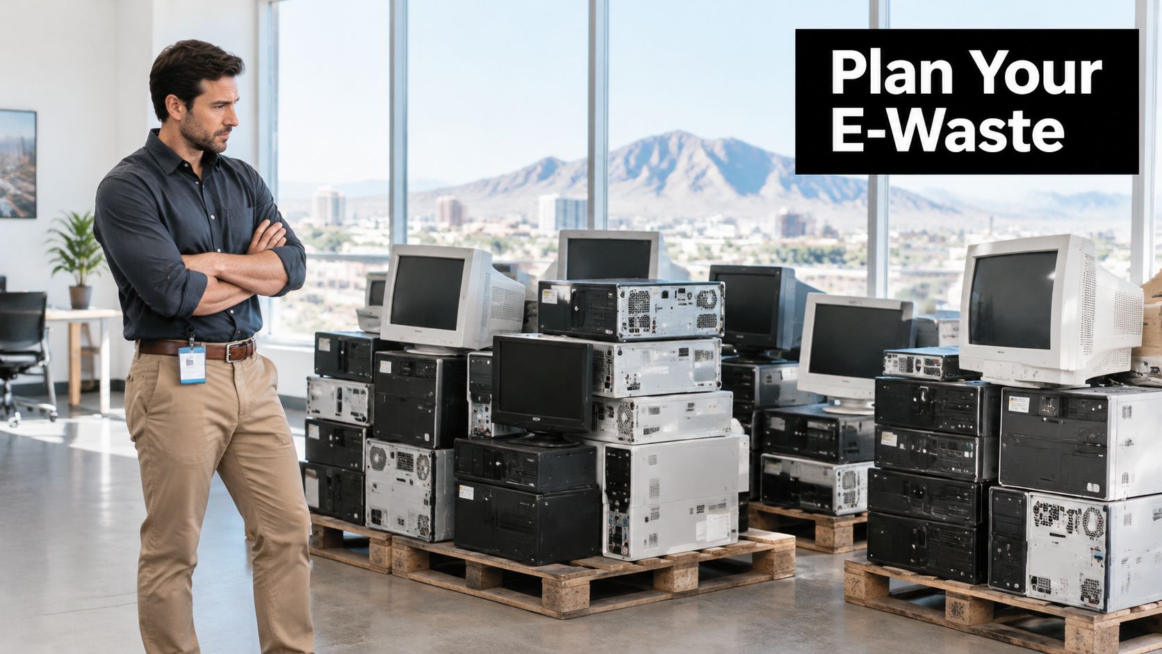 A man standing in an office looking at stacks of old computer towers and monitors on pallets.